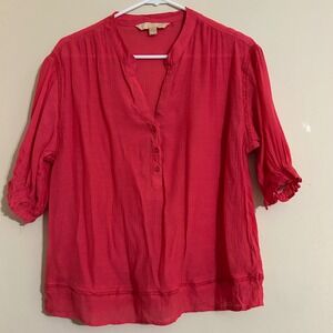HOPE & HARLOW Coral Gauze Lace Trim 3/4 Sleeve Tunic Top Blouse Size S